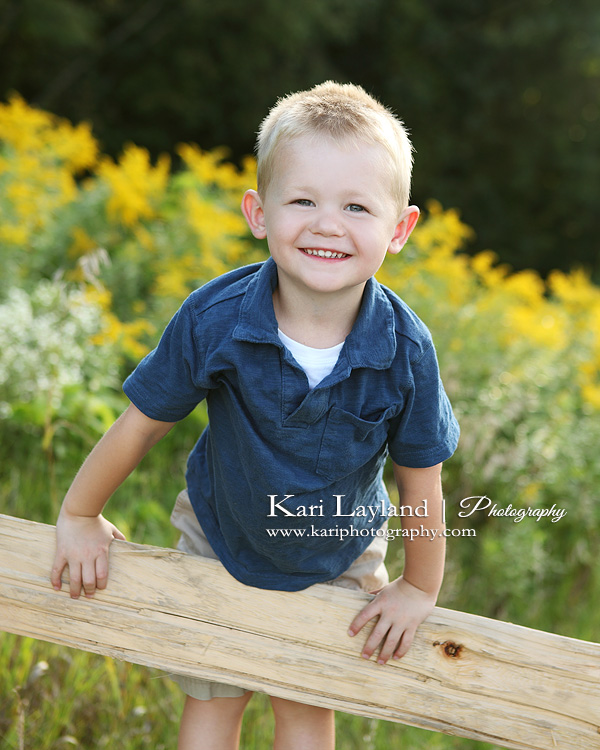 Little boy climing on a fence.  Portrait by MN photographer Kari Layland.