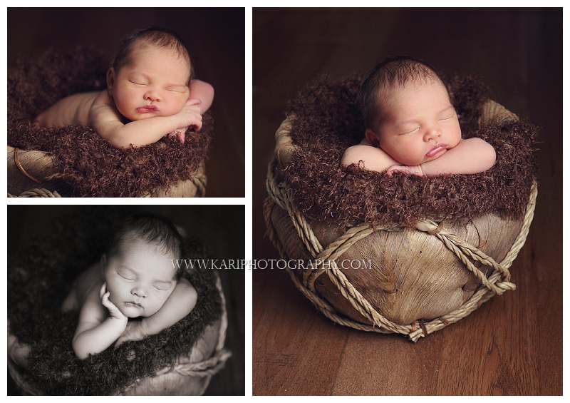 Newborn photos with unique basket taken in studio by Kari Layland in Cottage Grove Minnesota
